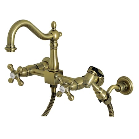 Kingston Brass Heritage Wall Mnt Bridge Kitchen Faucet W/Brass Sprayer, Brass KS1263AXBS